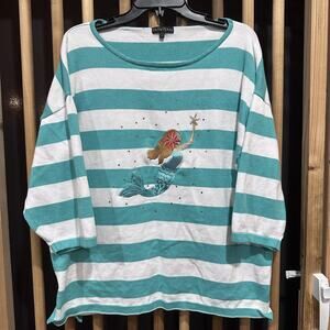 bua/bua Shirt Womens 2XL Teal White Striped Mermaid Applique 3/4 Sleeve Boatneck